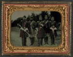 [Lieutenant George W. Mullen, Captain James H. Walter, Lieutenant George W. Wilson, first row, and Sergeant William Cline and Sergeant Nicholas G. Wilson, second row, of Co. G, 138th Pennsylvania Infantry Regiment in uniform with swords, at Relay, Maryland]