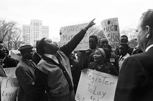 Hosea Williams speaking to demonstrators at a voter registration rally outside the Jefferson County courthouse in Birmingham, Alabama.