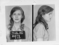 Mississippi State Sovereignty Commission photograph of Joan Trumpower [sic] following her arrest for her participation in the Freedom Rides, Jackson, Mississippi, 1961 June 8