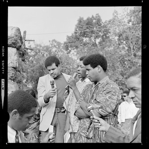 Men addressing the crowd gathered at Franklin Park