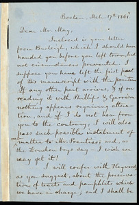 Letter from Charles King Whipple, Boston, to Samuel May, March 17th, 1861