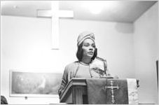 Coretta Scott King speaking to an audience of women at Hall Street Baptist Church in Montgomery, Alabama.