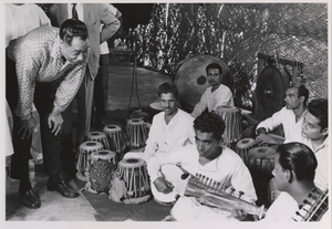 Duke Ellington with group of Indian musicians, India : black-and-white photoprint.