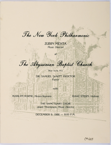 New York Philharmonic Printed Program (Subscription Season), Dec 09, 1986 at Abyssinian Baptist Church in Manhattan, NY; Zubin Mehta, conductor.