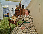 Paulette Weiss, who plays a historical character at the re-enactment, held each American Independence Day Weekend (on and surrounding July 4), of various skirmishes at the decisive 1863 Battle of Gettysburg, in Pennsylvania, which turned the tide of the American Civil War against the outmanned, rebellious Confederates for good