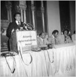 Muhammad Ali, State Senator Leroy Johnson, and Hank Aaron at a press conference announcing Ali's fight in Atlanta, Georgia, August 1970.