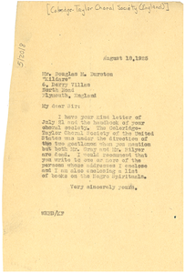 Letter from W. E. B. Du Bois to The Samuel Coleridge-Taylor Choral Society