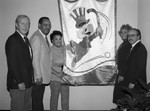 Jessie Mae Beavers and Lucille Boswell posing with an Olympic Games banner, Los Angeles, 1984