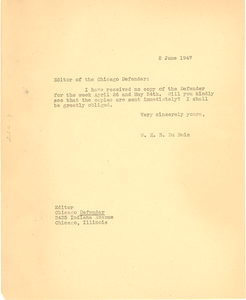 Letter from W. E. B. Du Bois to Chicago Defender