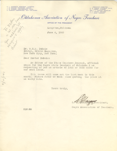 Letter from Oklahoma Association of Negro Teachers to W. E. B. Du Bois