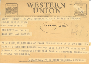 Telegram from Jawaharlal Nehru to Fisk University