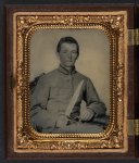 [Unidentified soldier in Confederate artillery uniform with large Bowie knife]