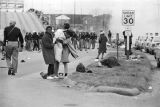 Scene at the foot of the Edmund Pettus Bridge in Selma, Alabama, after civil rights marchers were beaten and gassed by Alabama state troopers and Dallas County deputies on Bloody Sunday.