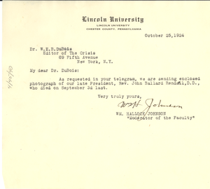 Letter from Lincoln University to W. E. B. Du Bois