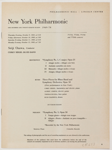 New York Philharmonic Printed Program (Subscription Season Subscription Season Subscription Season Subscription Season), Oct 09, 1969; Oct 10, 1969; Oct 11, 1969; Oct 13, 1969 at Philharmonic Hall Philharmonic Hall Philharmonic Hall Philharmonic Hall in Manhattan, NY Manhattan, NY Manhattan, NY Manhattan, NY; Seiji Ozawa, conductor.