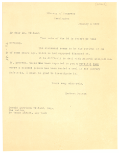 Letter from Herbert Putnam to Oswald Garrison Villard