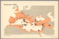 Römerreich: Städte. Angefertigt für das Bibliographische Institut AG., Leipzig. Gesellschafts- und Wirtschaftsmuseum in Wien.© Gesellschaft und wirtschaft. Bildstatistisches Elementarwerk. Das Gesellschatfs- und Wirtschaftsmuseum in Wien zeigt in 100 farbigen Bildtafeln. Produktionsformen Gesellschaftsordnungen Kulturstufen Lebenshaltungen. Bibliographisches Institut AG. in Leipzig. Römerreich: Städte. (Roman Empire: cities).