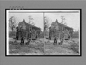 Typical negro home -- log cabin with stick chimney -- in the turpentine region, North Carolina. [Active No. 5663 : stereo interpositive.]