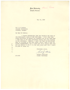 Letter from Fisk University Alumni Association to W. E. B. Du Bois