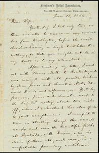 Letter from William Lloyd Garrison, Freedmen's Relief Association, No. 424 Walnut Street, Philadelphia, [Pa.], to Helen Eliza Garrison, June 13, 1864