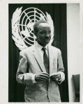 Prime Minister Julius K. Nyerere, of Tanganyika. United Nations, N.Y., 11 July 1961. Prime Minister Julius Kambarage Nyerere, of Tanganyika, photographed as he replied to one of the questions put to him during his meeting with accredited members of the Press at U.N. Headquarters earlier today