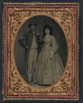 [Unidentified soldier in Union sergeant's frock coat and forage cap with unidentified woman in dress and hat with veil]