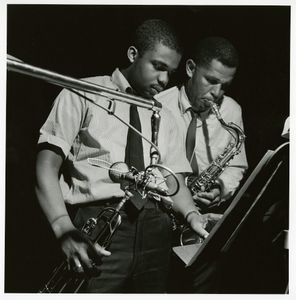 Dexter Gordon and Freddie Hubbard at Gordon's May 6, 1961 session for "Doin' All Right" (Blue Note) at the Van Gelder Studio, New Jersey [black-and-white photoprint]