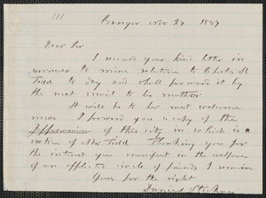 Daniel Stickney autograph letter signed to [Thomas Wentworth Higginson], Bangor [Maine], 24 November 1859