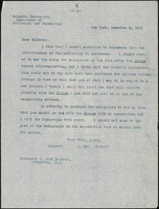 Cattell, James McKeen, 1860-1944 typed letter (copy) to J. Mark Baldwin, Garrison-on-Hudson, 3 December 1903