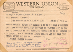 Thumbnail for Telegram from NCNW president Vivian Carter Mason to Frances Albrier