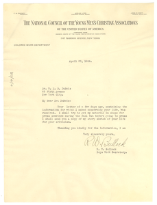 Letter from National Council of the Young Men's Christian Associations of the United States of America to W. E. B. Du Bois