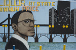 Malcolm X mural at AAA Party Store, E. Warren Ave. at Lenox, Detroit, Michigan, painted by Romel, Detroit, 2014