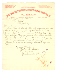 Letter from John R. Scott to W. E. B. Du Bois