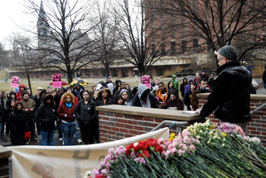 Justice for Jason rally at UMass Amherst: unidentified speaker addressing protesters outside the Student Union Building in support of Jason Vassell