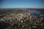 An October 2017 aerial view of the historic seaport of Portsmouth, New Hampshire, the largest city along the shortest coastline (18 miles) of any U.S. state