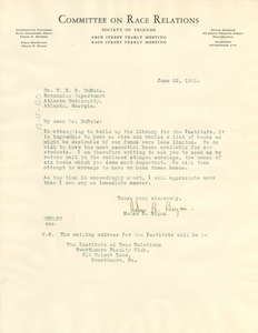 Letter from Committee on Race Relations to W. E. B. Du Bois