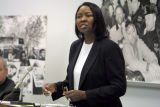 Maxine Aldridge White speaks at a 50th anniversary of Brown vs. Board of Education Conference, April 8, 2004