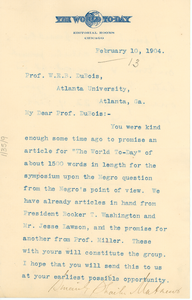 Letter from the World To-day to W. E. B. Du Bois