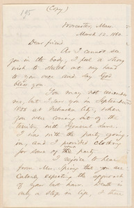 Thumbnail for Thomas, Wentworth Higginson autograph letter signed to [Aaron Dwight Stevens, Worcester], 12 March 1860