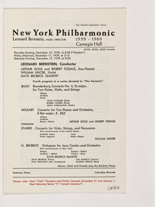 New York Philharmonic Printed Program (Subscription Season Subscription Season Subscription Season), Dec 10, 1959; Dec 11, 1959; Dec 12, 1959 at Carnegie Hall Carnegie Hall Carnegie Hall in Manhattan, NY Manhattan, NY Manhattan, NY; Leonard Bernstein, conductor.