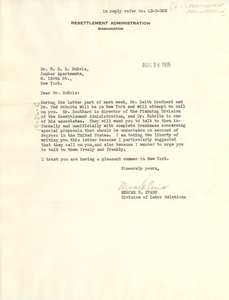 Letter from United States Resettlement Administration to W. E. B. Du Bois