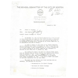 Memo, school closings for 1985 - 1986.