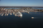 An October 2017 aerial view of Portland, Maine, and its busy harbor