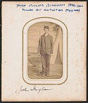 [Private John Fuller Bingham of Co. H, 16th Connecticut Infantry Regiment in uniform with bayoneted rifle in front of painted backdrop showing military camp]