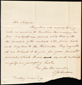 Letter from Oliver Johnson, [Boston?, Mass.], to Maria Weston Chapman, Tuesday morning, [1839?]