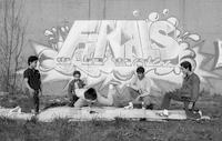 Breakdancers dance in front of Finals graffiti mural, Hartford, 1984