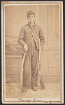 [Private Henry Rice of Co. D, 4th Illinois Cavalry Regiment and 12th Illinois Cavalry Regiment in uniform with cavalry sword and Sharps rifle]