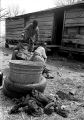 Three children of John Nixon playing on a metal barrel in their yard in Autaugaville, Alabama.