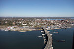 An October 2017 aerial view of the Casco Bay Bridge, connecting South Portland (foreground) with Portland, Maine