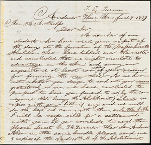 Letter from Amos Augustus Phelps, Andover, [Massachusetts], to T.E. Turner, 1839 June 7